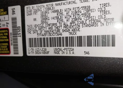 2014 Toyota Tundra Platinum 5.7L V8 z USA, uszkodzony, nr VIN 5TFAW5F15EX373646